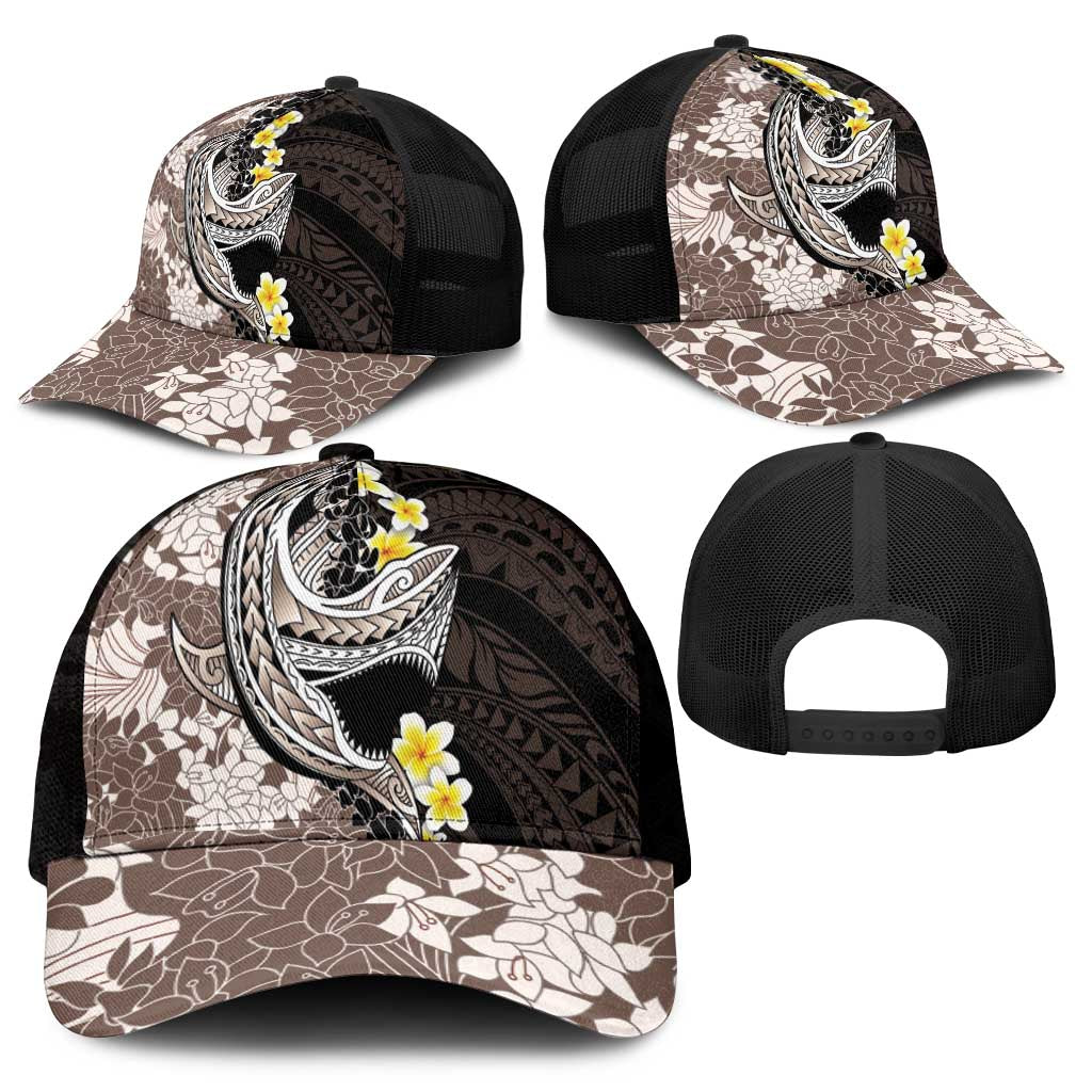 Brown and Black Hawaii Shark Tattoo Mesh Trucker Cap Puakenikeni Lei Plumeria Polynesian Pattern - Polynesian Pride