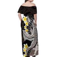 Brown and Black Hawaii Shark Tattoo Off Shoulder Maxi Dress Puakenikeni Lei Plumeria Polynesian Pattern - Polynesian Pride
