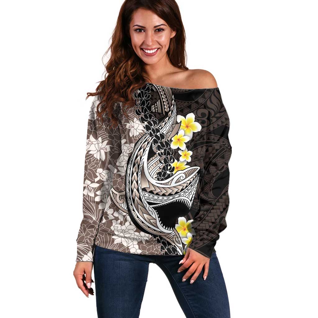 Brown and Black Hawaii Shark Tattoo Off Shoulder Sweater Puakenikeni Lei Plumeria Polynesian Pattern - Polynesian Pride