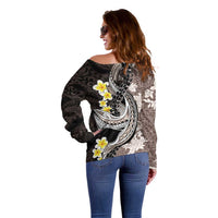 Brown and Black Hawaii Shark Tattoo Off Shoulder Sweater Puakenikeni Lei Plumeria Polynesian Pattern - Polynesian Pride