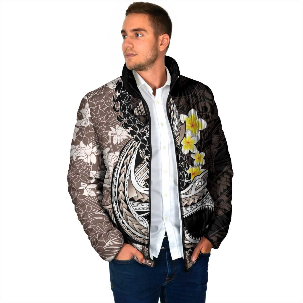 Brown and Black Hawaii Shark Tattoo Padded Jacket Puakenikeni Lei Plumeria Polynesian Pattern - Polynesian Pride