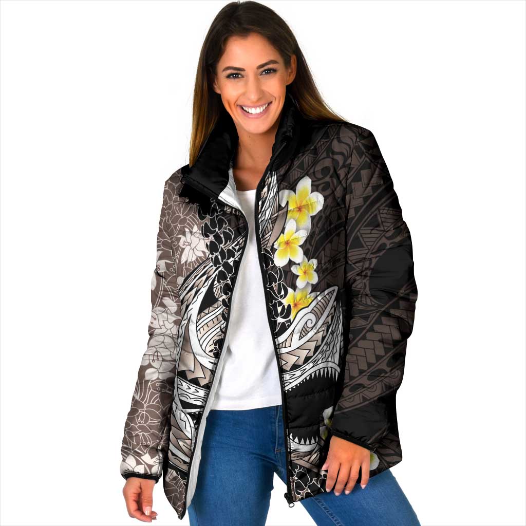 Brown and Black Hawaii Shark Tattoo Padded Jacket Puakenikeni Lei Plumeria Polynesian Pattern - Polynesian Pride