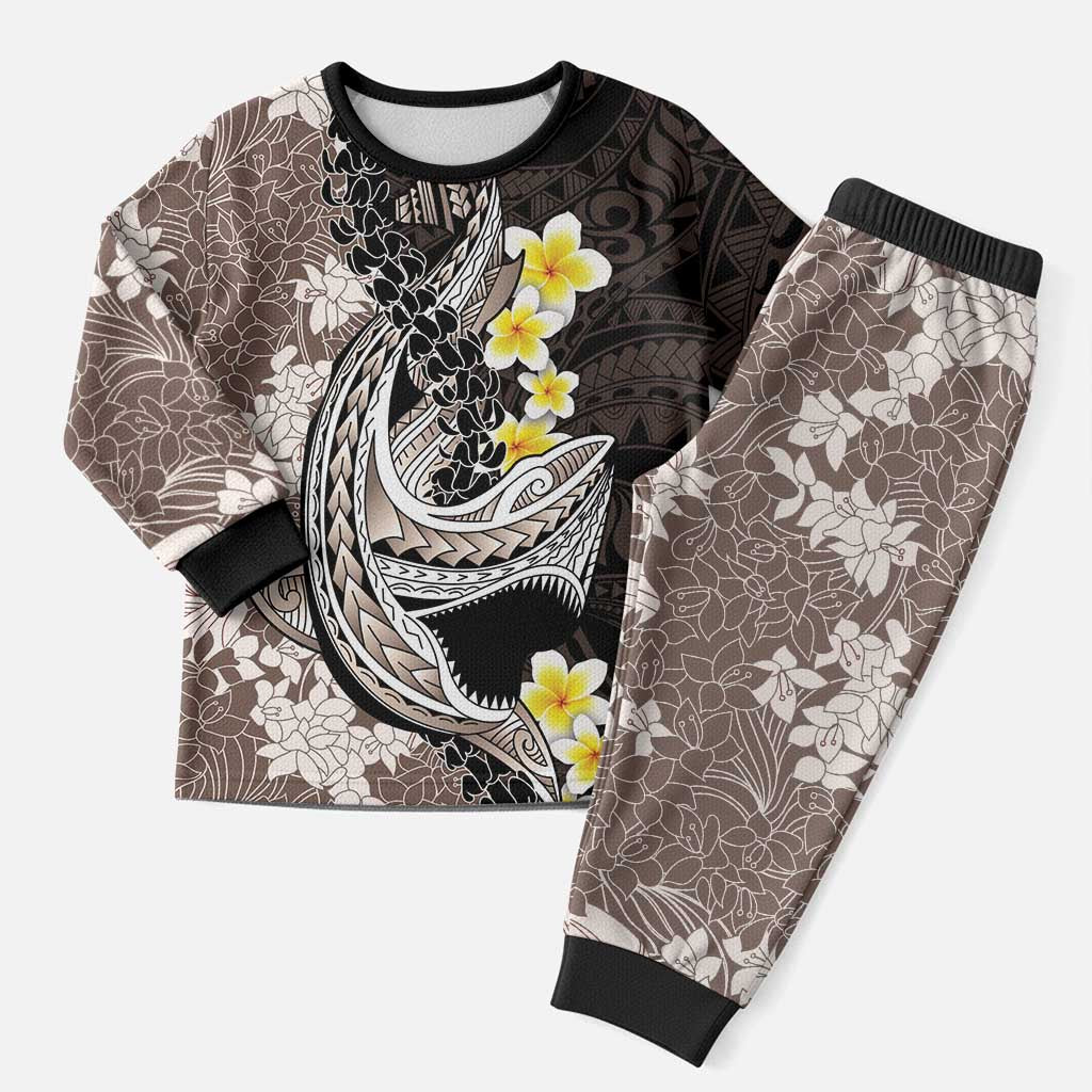 Brown and Black Hawaii Shark Tattoo Christmas Pajama Set Puakenikeni Lei Plumeria Polynesian Pattern LT14 Men Black - Polynesian Pride