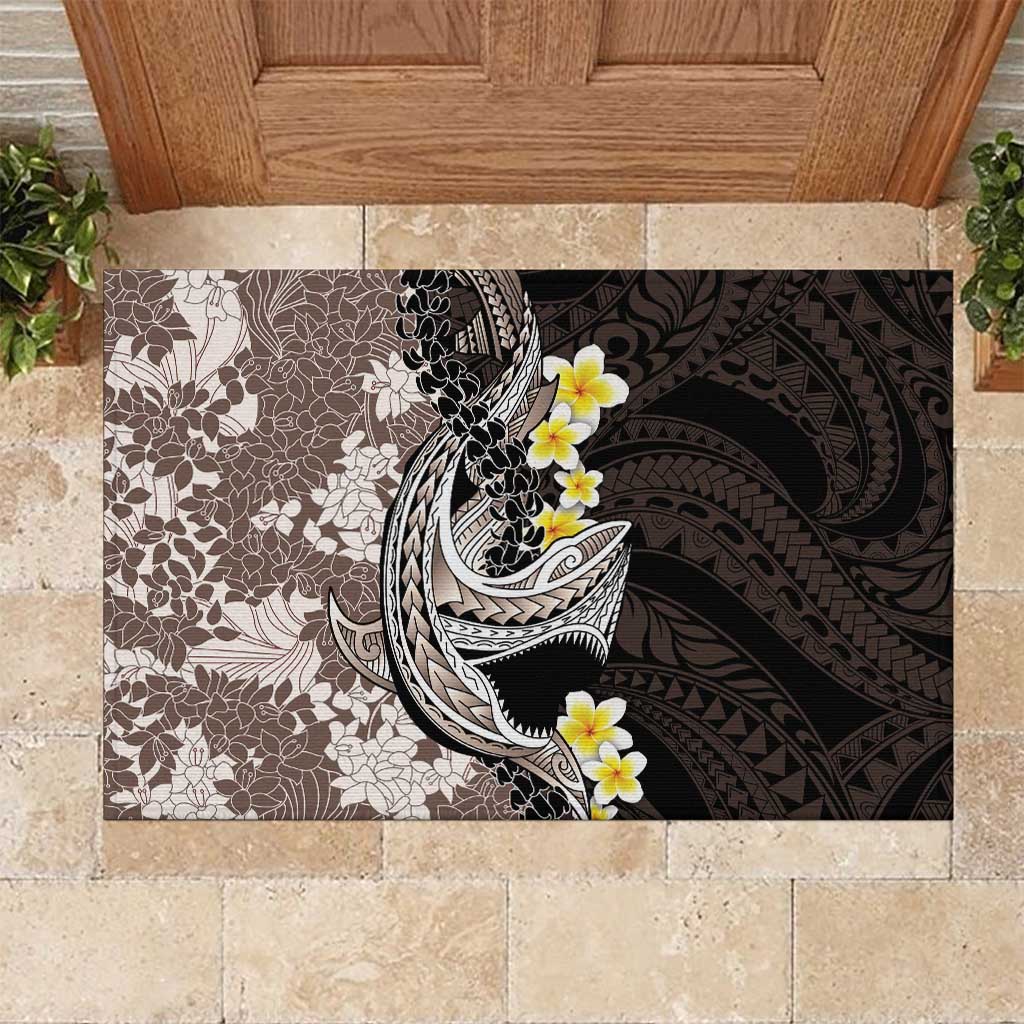 Brown and Black Hawaii Shark Tattoo Rubber Doormat Puakenikeni Lei Plumeria Polynesian Pattern LT14 Black - Polynesian Pride