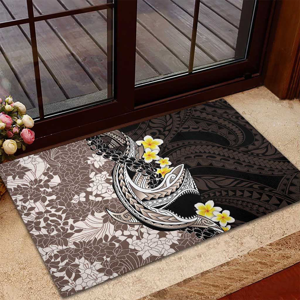 Brown and Black Hawaii Shark Tattoo Rubber Doormat Puakenikeni Lei Plumeria Polynesian Pattern LT14 - Polynesian Pride