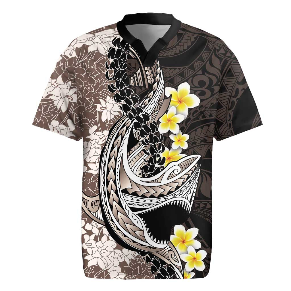 Brown and Black Hawaii Shark Tattoo Rugby Jersey Puakenikeni Lei Plumeria Polynesian Pattern LT14 Black - Polynesian Pride