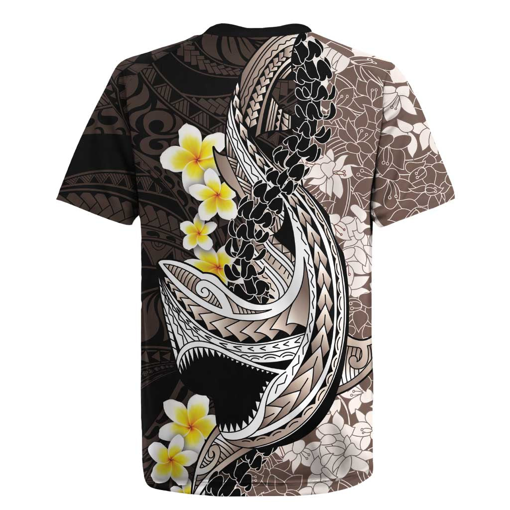 Brown and Black Hawaii Shark Tattoo Rugby Jersey Puakenikeni Lei Plumeria Polynesian Pattern LT14 - Polynesian Pride