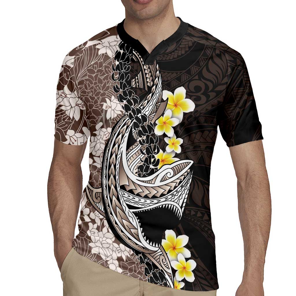 Brown and Black Hawaii Shark Tattoo Rugby Jersey Puakenikeni Lei Plumeria Polynesian Pattern LT14 - Polynesian Pride