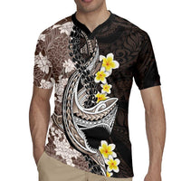 Brown and Black Hawaii Shark Tattoo Rugby Jersey Puakenikeni Lei Plumeria Polynesian Pattern LT14 - Polynesian Pride