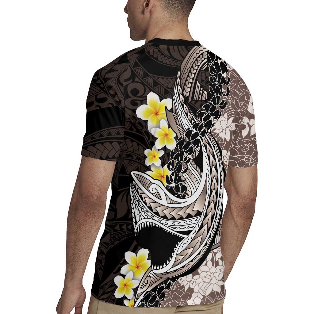 Brown and Black Hawaii Shark Tattoo Rugby Jersey Puakenikeni Lei Plumeria Polynesian Pattern LT14 - Polynesian Pride
