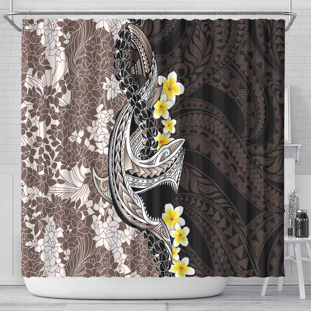 Brown and Black Hawaii Shark Tattoo Shower Curtain Puakenikeni Lei Plumeria Polynesian Pattern - Polynesian Pride