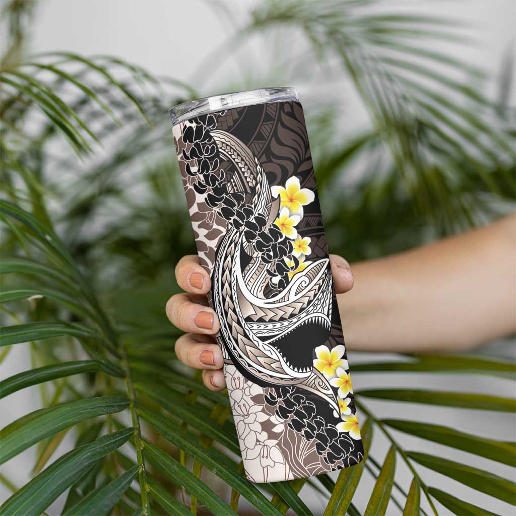 Brown and Black Hawaii Shark Tattoo Skinny Tumbler Puakenikeni Lei Plumeria Polynesian Pattern - Polynesian Pride