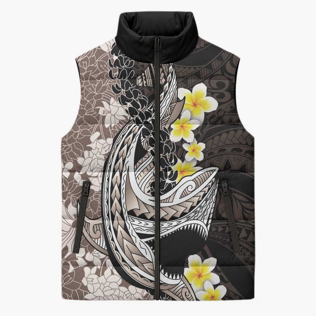 Brown and Black Hawaii Shark Tattoo Sleeveless Puffer Jacket Puakenikeni Lei Plumeria Polynesian Pattern - Polynesian Pride