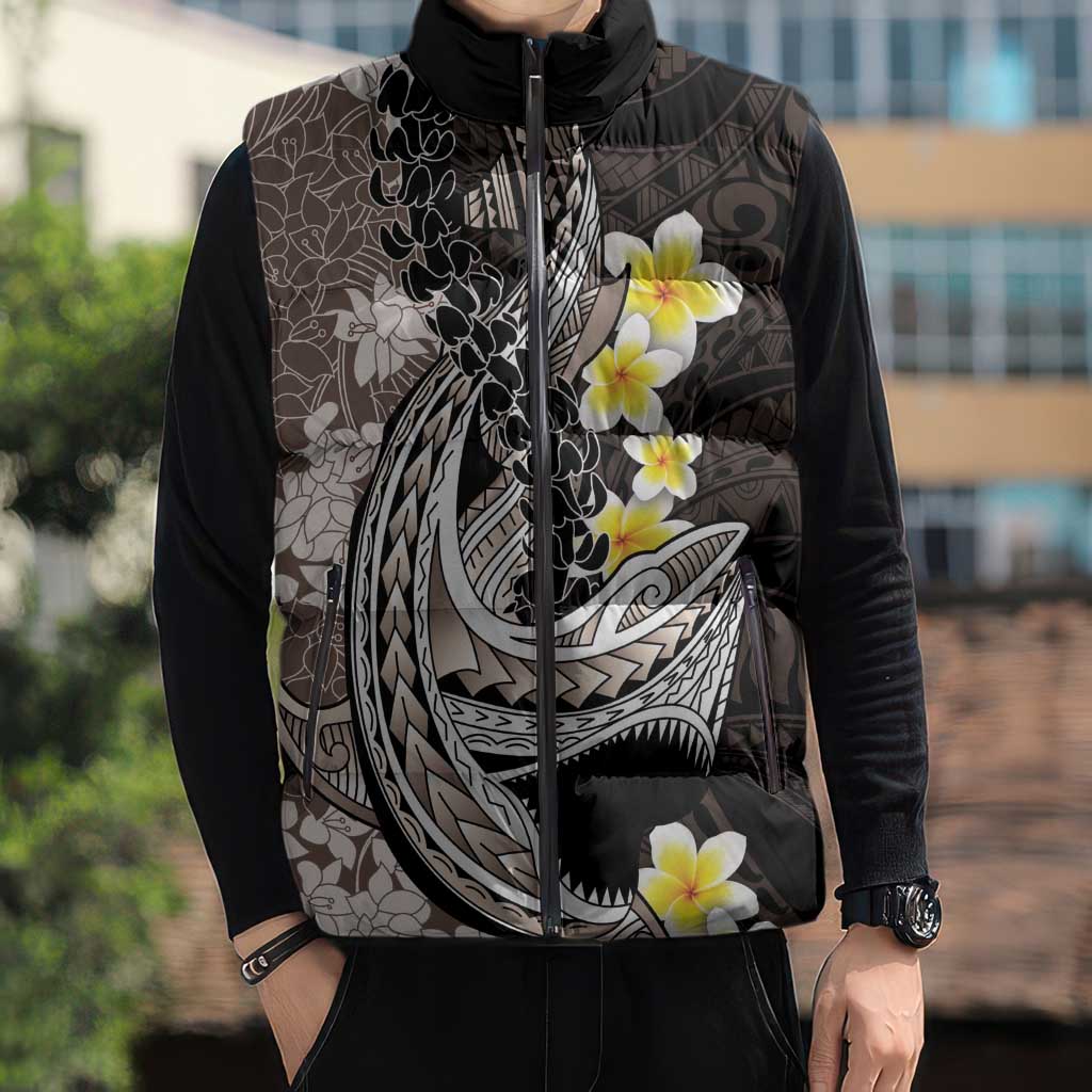 Brown and Black Hawaii Shark Tattoo Sleeveless Puffer Jacket Puakenikeni Lei Plumeria Polynesian Pattern - Polynesian Pride