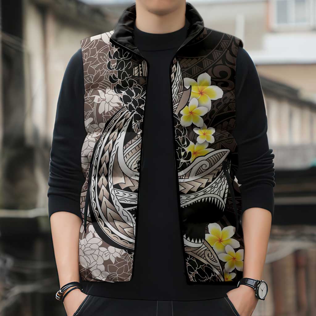 Brown and Black Hawaii Shark Tattoo Sleeveless Puffer Jacket Puakenikeni Lei Plumeria Polynesian Pattern - Polynesian Pride