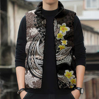 Brown and Black Hawaii Shark Tattoo Sleeveless Puffer Jacket Puakenikeni Lei Plumeria Polynesian Pattern - Polynesian Pride