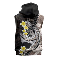 Brown and Black Hawaii Shark Tattoo Sleeveless Zip Hoodie Puakenikeni Lei Plumeria Polynesian Pattern - Polynesian Pride