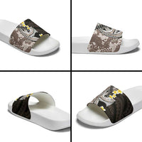 Brown and Black Hawaii Shark Tattoo Slide Sandals Puakenikeni Lei Plumeria Polynesian Pattern - Polynesian Pride
