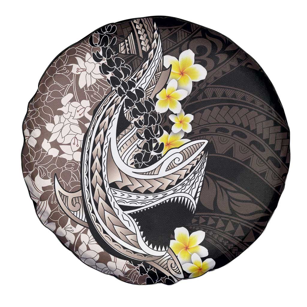 Brown and Black Hawaii Shark Tattoo Spare Tire Cover Puakenikeni Lei Plumeria Polynesian Pattern - Polynesian Pride