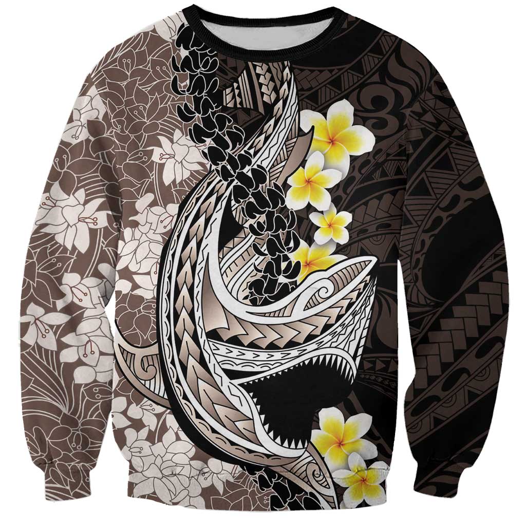 Brown and Black Hawaii Shark Tattoo Sweatshirt Puakenikeni Lei Plumeria Polynesian Pattern LT14 Unisex Black - Polynesian Pride