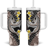 Brown and Black Hawaii Shark Tattoo Tumbler With Handle Puakenikeni Lei Plumeria Polynesian Pattern - Polynesian Pride