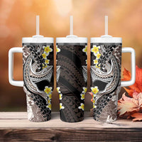 Brown and Black Hawaii Shark Tattoo Tumbler With Handle Puakenikeni Lei Plumeria Polynesian Pattern - Polynesian Pride