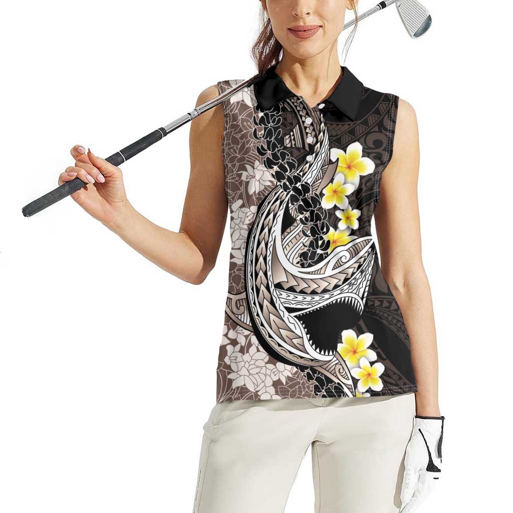 Brown and Black Hawaii Shark Tattoo Women Sleeveless Polo Shirt Puakenikeni Lei Plumeria Polynesian Pattern - Polynesian Pride