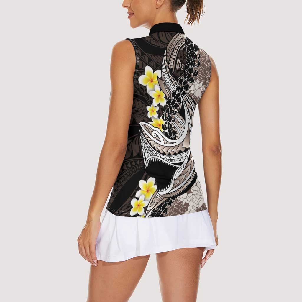 Brown and Black Hawaii Shark Tattoo Women Sleeveless Polo Shirt Puakenikeni Lei Plumeria Polynesian Pattern - Polynesian Pride