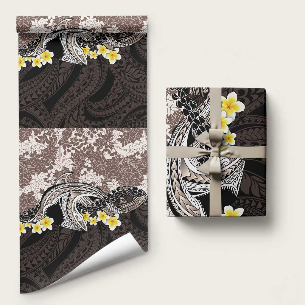Brown and Black Hawaii Shark Tattoo Wrapping Paper Puakenikeni Lei Plumeria Polynesian Pattern - Polynesian Pride