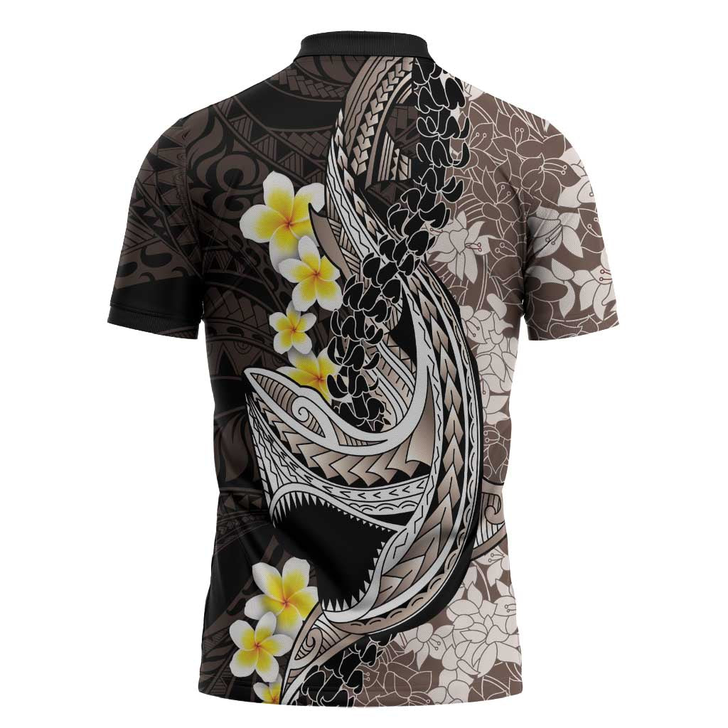 Brown and Black Hawaii Shark Tattoo Zipper Polo Shirt Puakenikeni Lei Plumeria Polynesian Pattern - Polynesian Pride