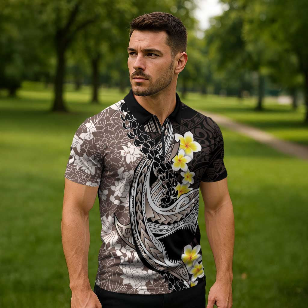Brown and Black Hawaii Shark Tattoo Zipper Polo Shirt Puakenikeni Lei Plumeria Polynesian Pattern - Polynesian Pride