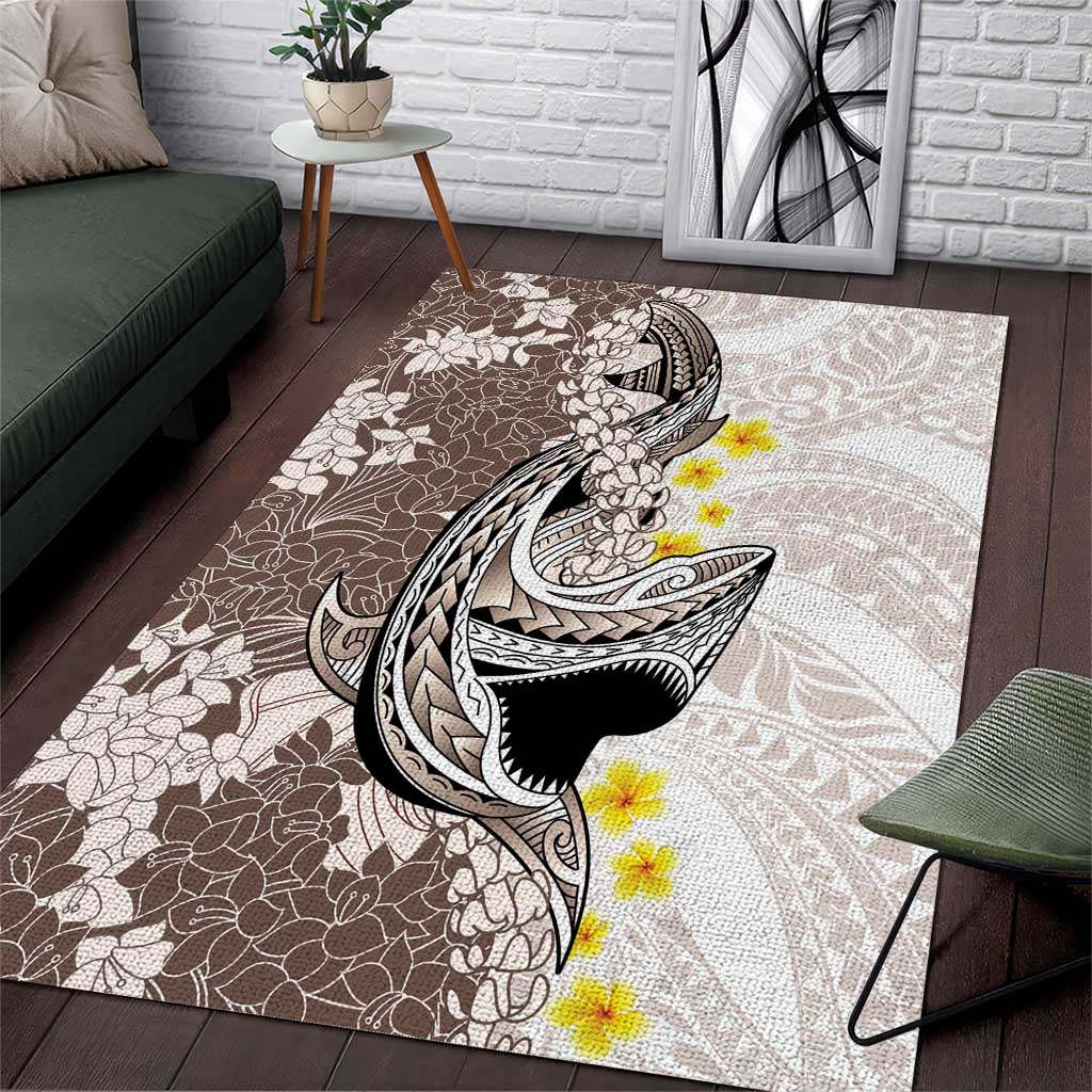 Brown and White Hawaii Shark Tattoo Area Rug Puakenikeni Lei Plumeria Polynesian Pattern - Polynesian Pride