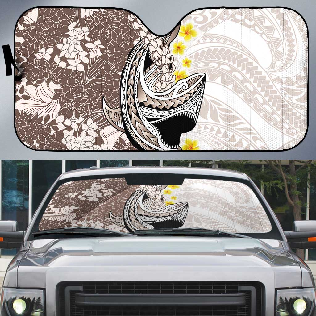 Brown and White Hawaii Shark Tattoo Auto Sun Shade Puakenikeni Lei Plumeria Polynesian Pattern - Polynesian Pride