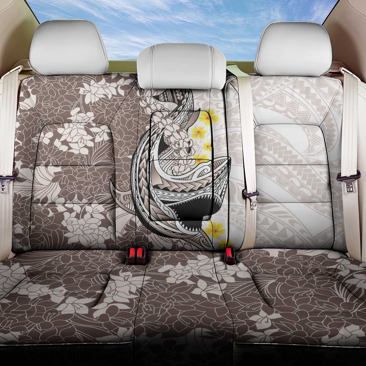 Brown and White Hawaii Shark Tattoo Back Car Seat Cover Puakenikeni Lei Plumeria Polynesian Pattern - Polynesian Pride