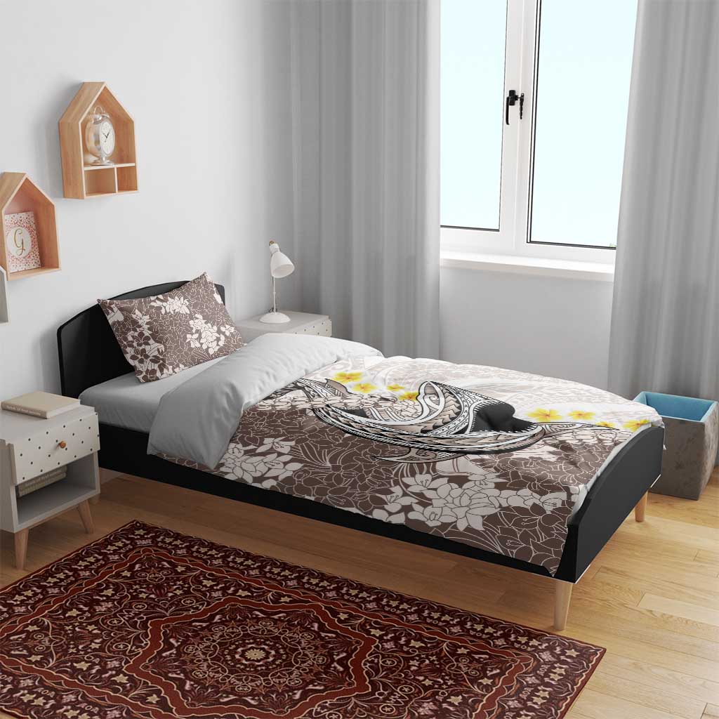 Brown and White Hawaii Shark Tattoo Bedding Set Puakenikeni Lei Plumeria Polynesian Pattern - Polynesian Pride