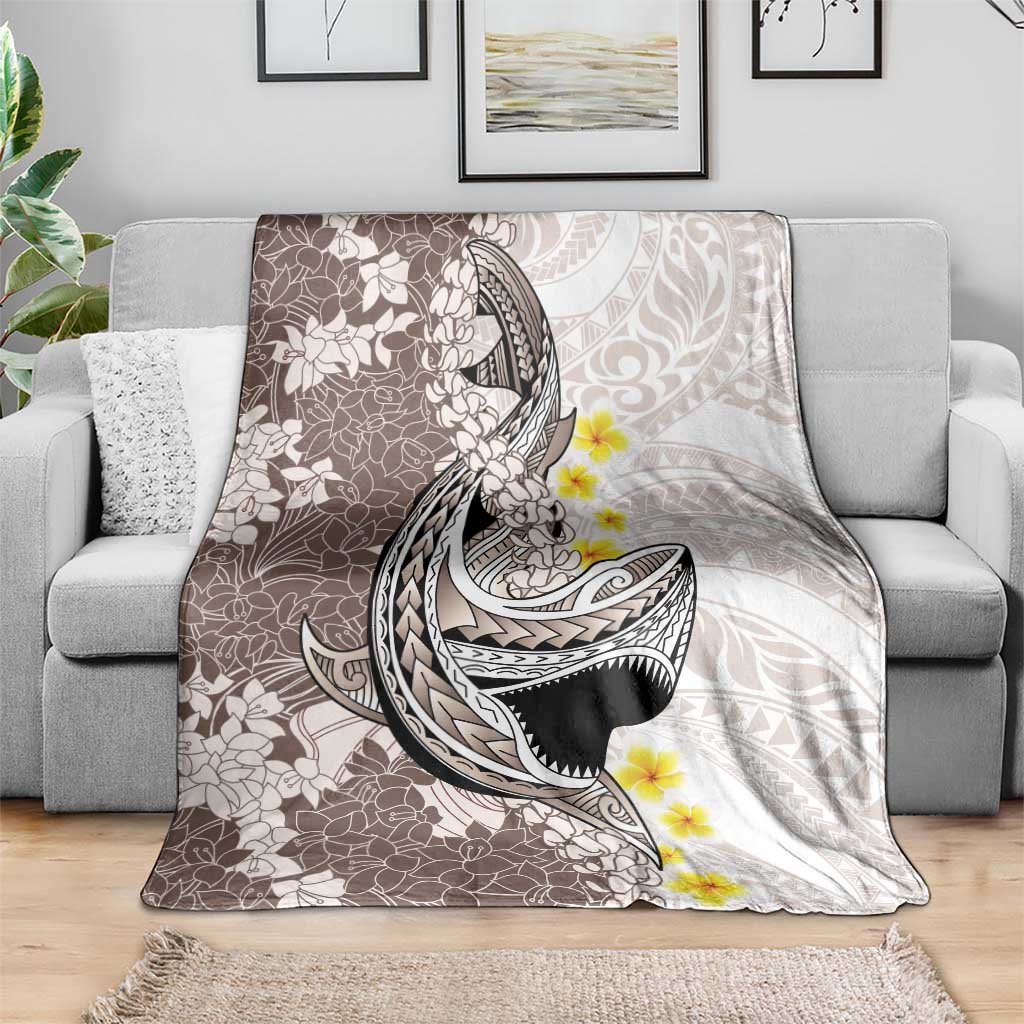 Brown and White Hawaii Shark Tattoo Blanket Puakenikeni Lei Plumeria Polynesian Pattern - Polynesian Pride