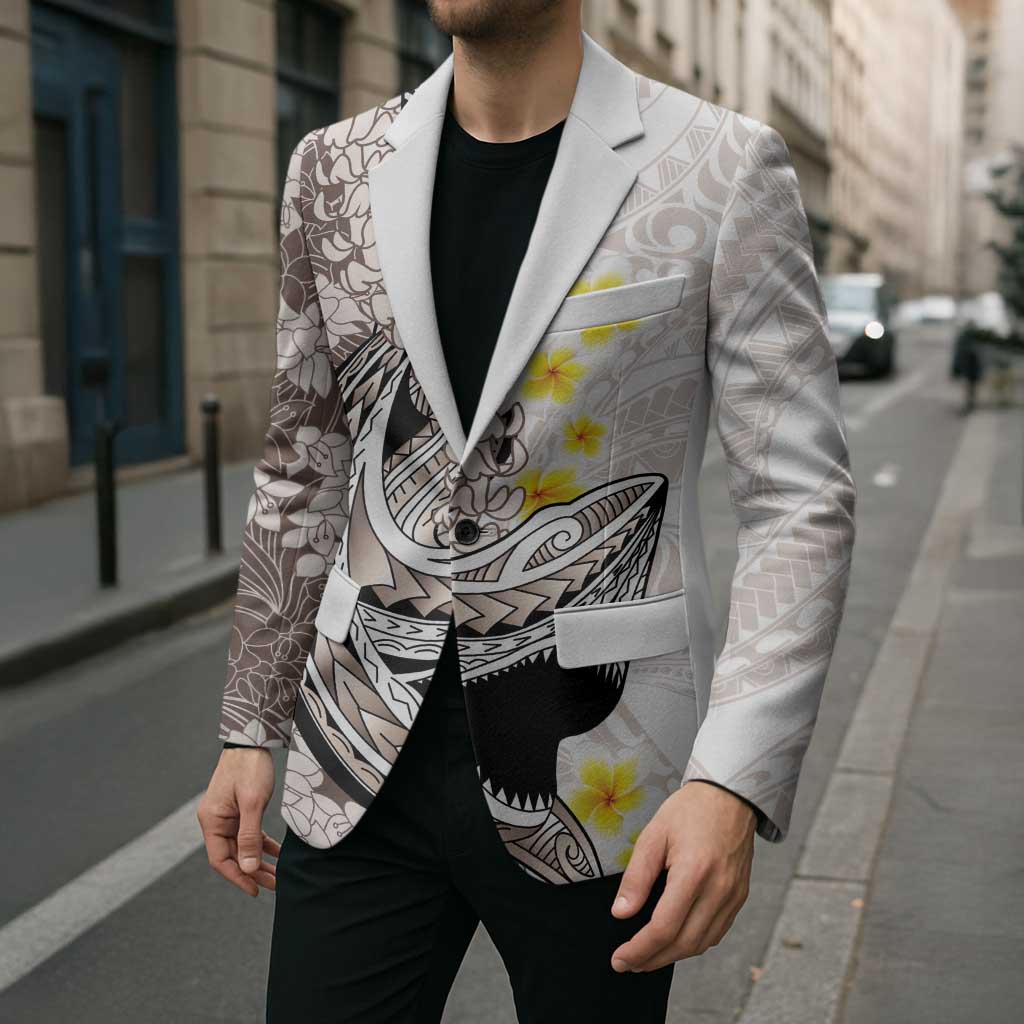 Brown and White Hawaii Shark Tattoo Blazer Puakenikeni Lei Plumeria Polynesian Pattern - Polynesian Pride