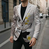 Brown and White Hawaii Shark Tattoo Blazer Puakenikeni Lei Plumeria Polynesian Pattern - Polynesian Pride