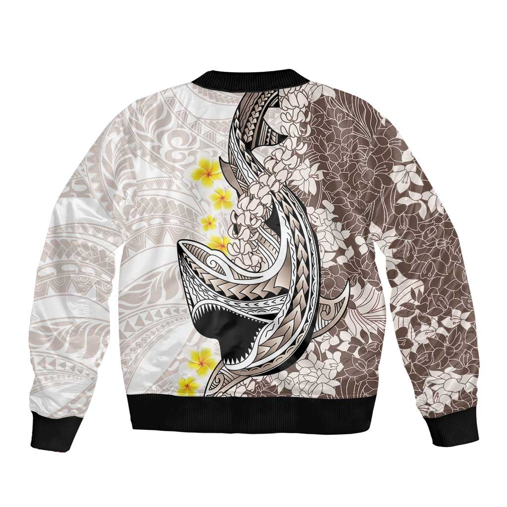 Brown and White Hawaii Shark Tattoo Bomber Jacket Puakenikeni Lei Plumeria Polynesian Pattern - Polynesian Pride