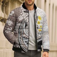 Brown and White Hawaii Shark Tattoo Bomber Puffer Jacket Puakenikeni Lei Plumeria Polynesian Pattern - Polynesian Pride