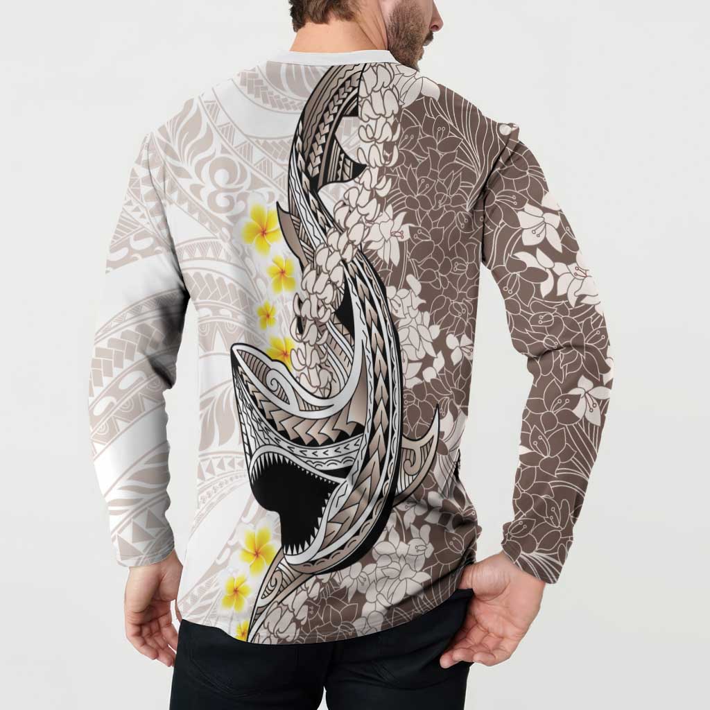 Brown and White Hawaii Shark Tattoo Button Sweatshirt Puakenikeni Lei Plumeria Polynesian Pattern - Polynesian Pride