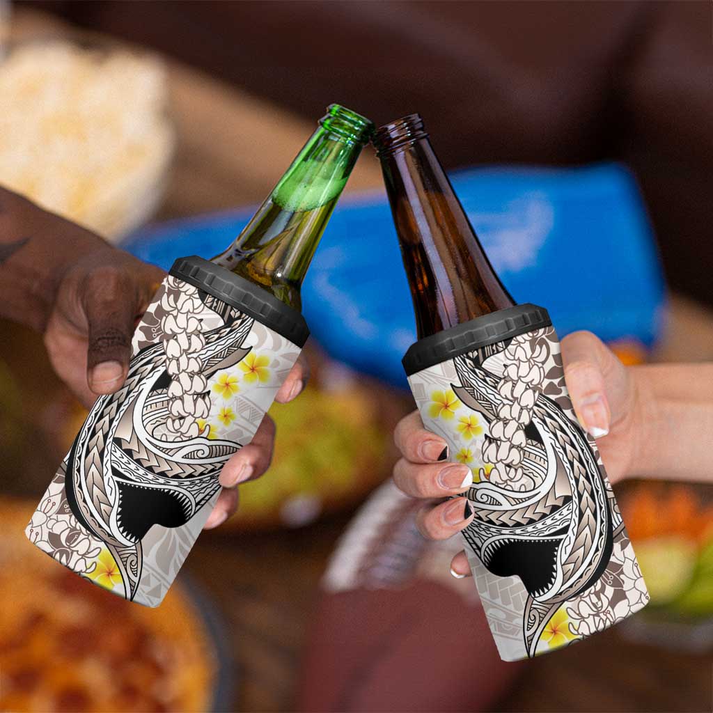 Brown and White Hawaii Shark Tattoo 4 in 1 Can Cooler Tumbler Puakenikeni Lei Plumeria Polynesian Pattern - Polynesian Pride