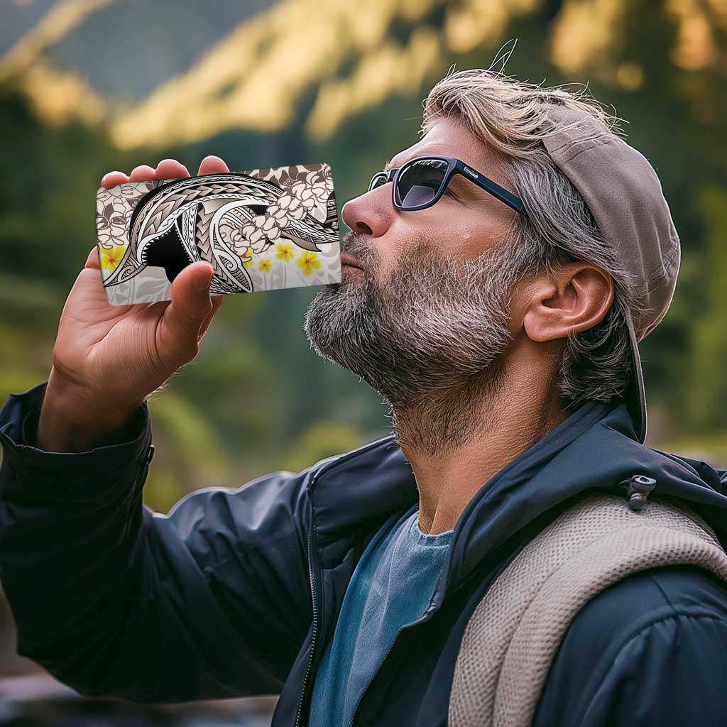Brown and White Hawaii Shark Tattoo 4 in 1 Can Cooler Tumbler Puakenikeni Lei Plumeria Polynesian Pattern - Polynesian Pride