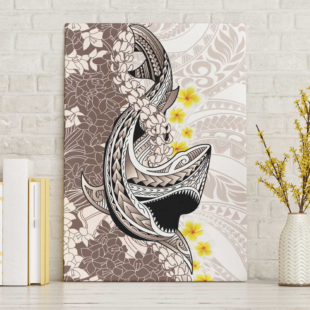 Brown and White Hawaii Shark Tattoo Canvas Wall Art Puakenikeni Lei Plumeria Polynesian Pattern - Polynesian Pride
