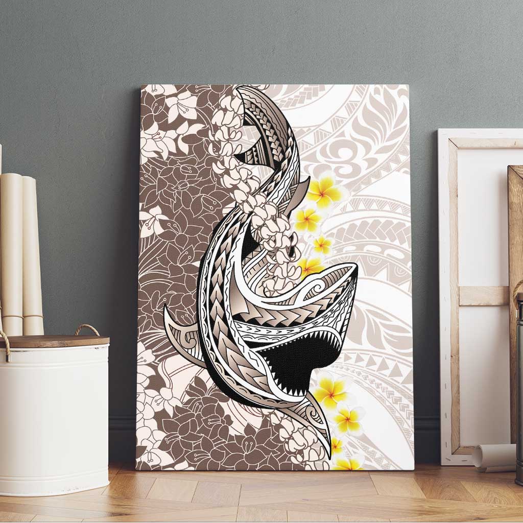 Brown and White Hawaii Shark Tattoo Canvas Wall Art Puakenikeni Lei Plumeria Polynesian Pattern - Polynesian Pride
