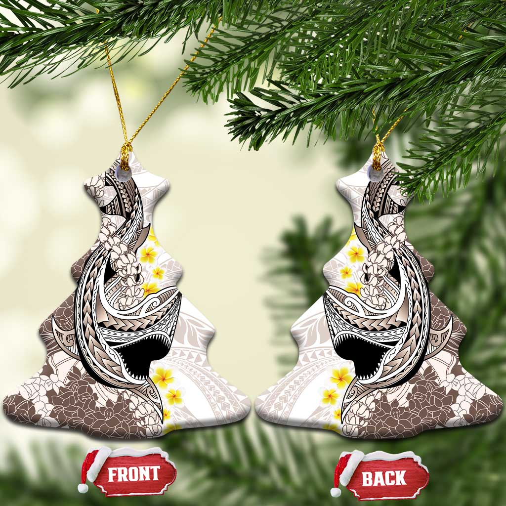 Brown and White Hawaii Shark Tattoo Ceramic Ornament Puakenikeni Lei Plumeria Polynesian Pattern - Polynesian Pride