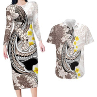Brown and White Hawaii Shark Tattoo Couples Matching Long Sleeve Bodycon Dress and Hawaiian Shirt Puakenikeni Lei Plumeria Polynesian Pattern - Polynesian Pride