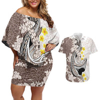 Brown and White Hawaii Shark Tattoo Couples Matching Off Shoulder Short Dress and Hawaiian Shirt Puakenikeni Lei Plumeria Polynesian Pattern - Polynesian Pride