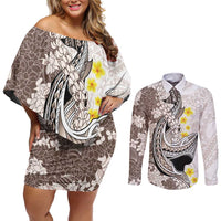 Brown and White Hawaii Shark Tattoo Couples Matching Off Shoulder Short Dress and Long Sleeve Button Shirt Puakenikeni Lei Plumeria Polynesian Pattern - Polynesian Pride