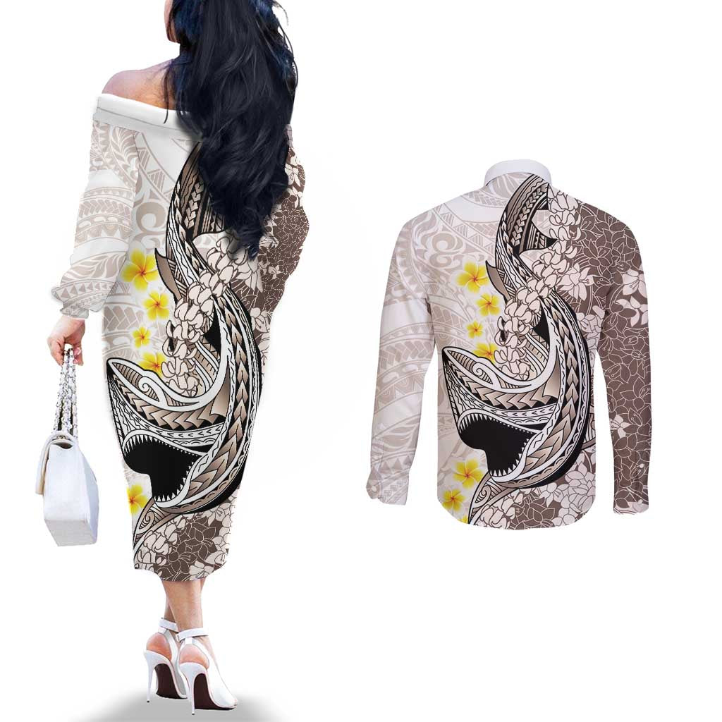 Brown and White Hawaii Shark Tattoo Couples Matching Off The Shoulder Long Sleeve Dress and Long Sleeve Button Shirt Puakenikeni Lei Plumeria Polynesian Pattern - Polynesian Pride